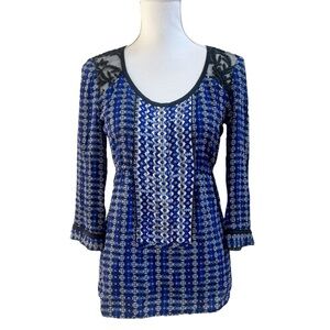 Nanette Lepore NWOT 100% Silk Top Women Sz S Geometric Lace Blue Black Top